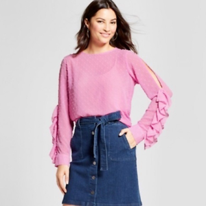 Ruffle‎ sleeve Swiss dot pink blouse